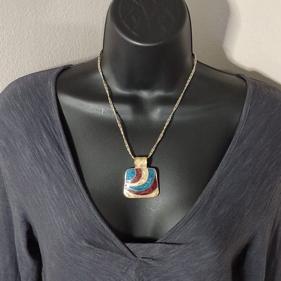 Multicolor Enamel Pendant Necklace Adjustable 17.5 To 20 Inches Long - Picture 1 of 7